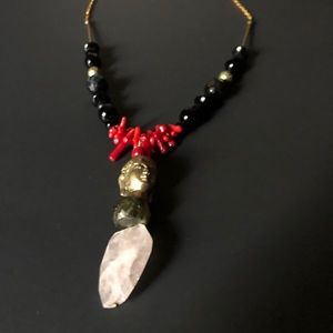 Rose Quartz, Onyx, Coral Necklace